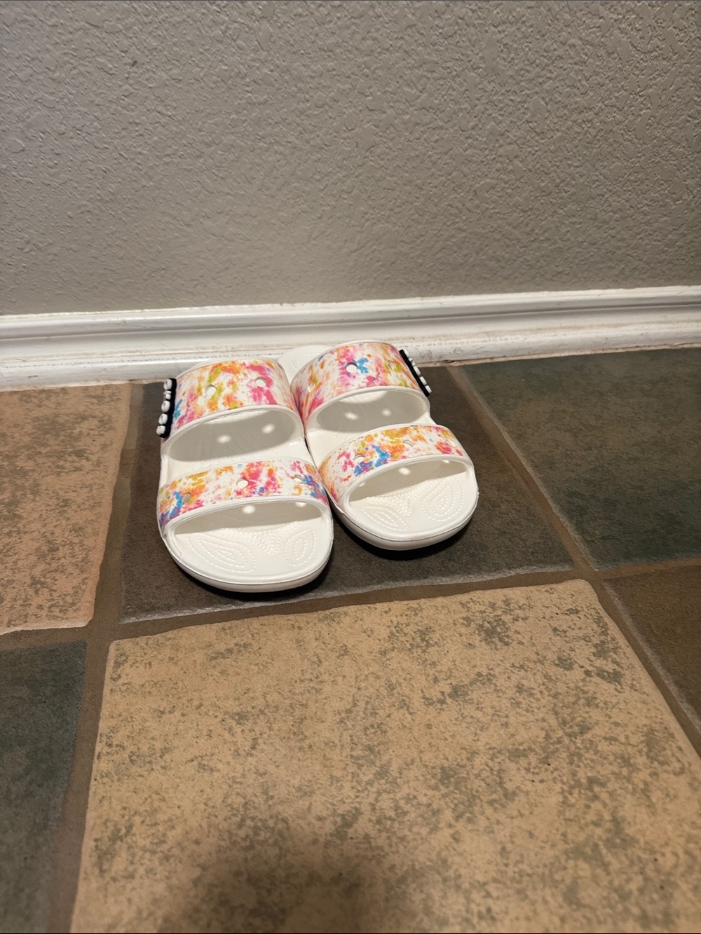 CROCS White Slide Sandals with Multicolor Watercolor Floral Straps
